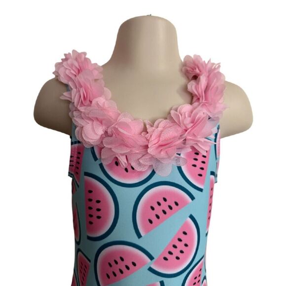 Watermelon and Ruffle Neckline Blue & Pink  Swimsuit Size 2T - Picture 5 of 8